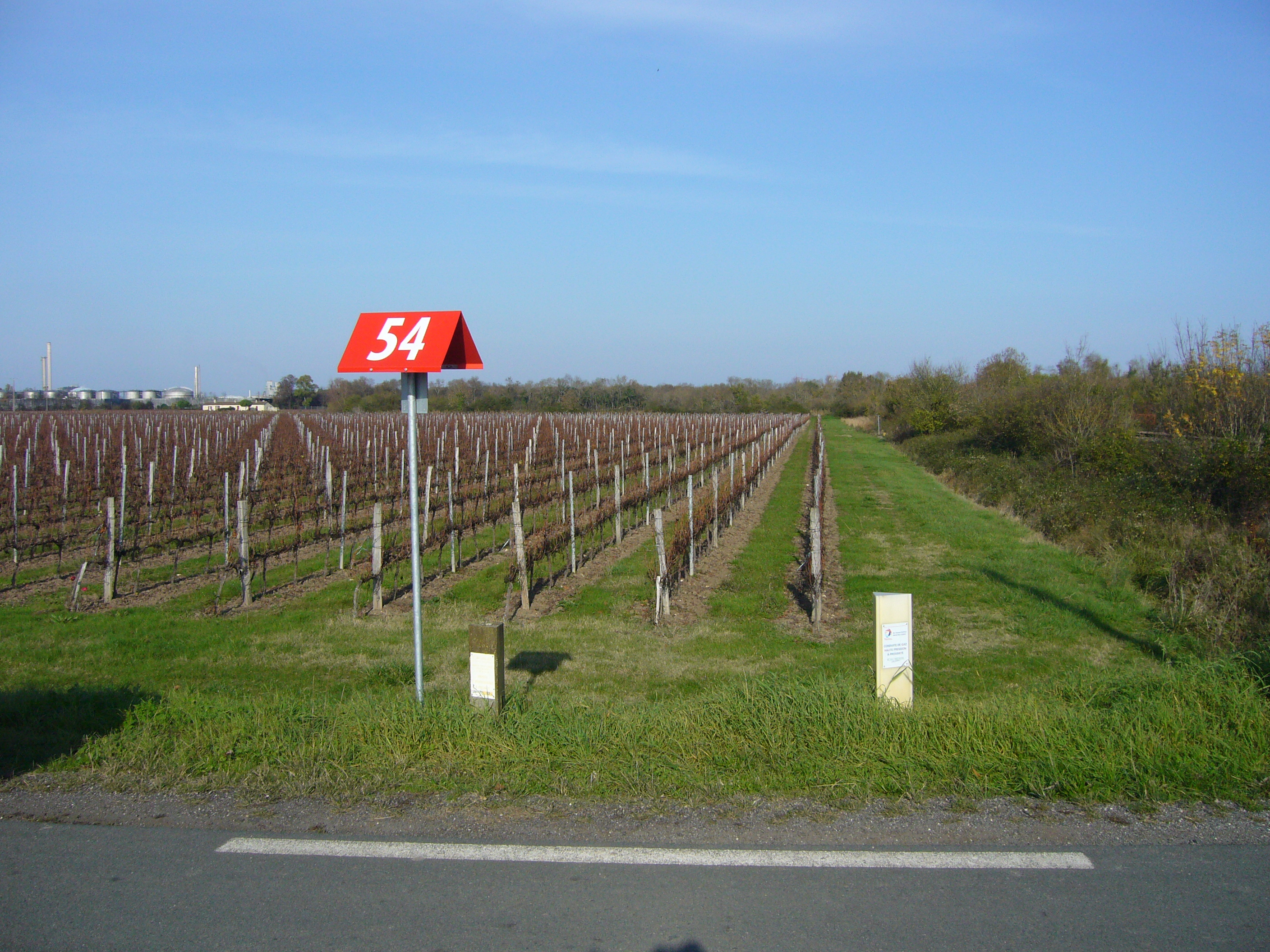 Photo d’un bord de route sur lequel sont dressées des balises rouges et jaunes, indiquant le passage de canalisations d’hydrocarbures et de gaz en sous-sol.